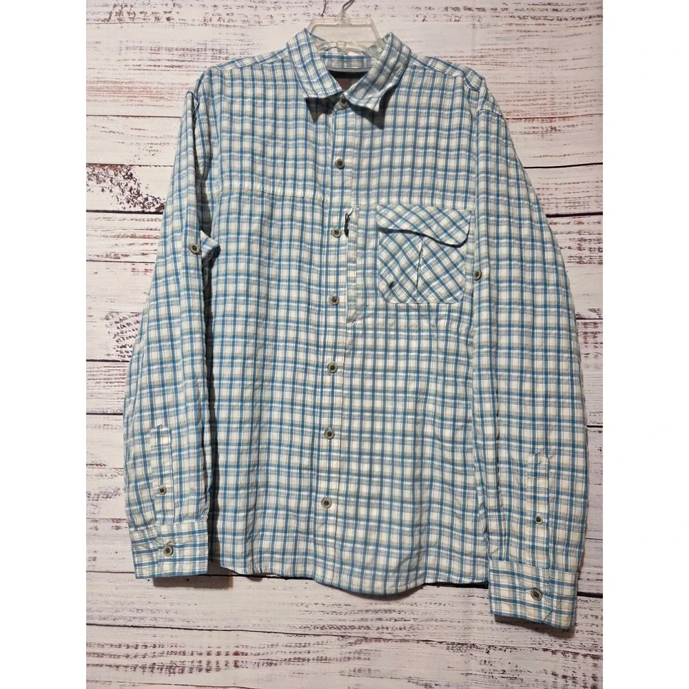 Wrangler Outdoor Men Large Blue Plaid Vented Roll Tab Long Sleeve Shirt Fishing